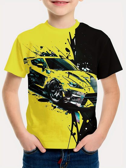 Boys Neon Green and Black Racing Pattern T-Shirt- 3D Dynamic Print Short Sleeve Crew Neck Casual Top with Neon Glow Style, Breathable and Machine Washable, Comfortable for All Seasons, Suitable for Casual Outfits and Racing Sports Activities- Ideal G