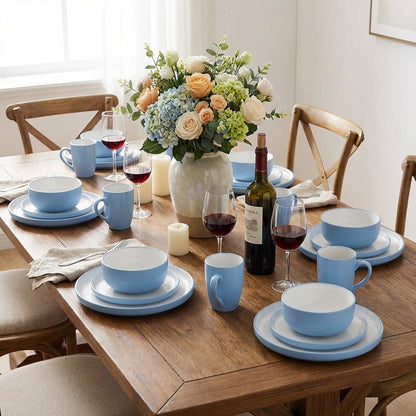 *** NEW *** Waterside 16pcs Pastel 2tone Blue Stoneware Dinner Set; 4 Dinner Plates, side Plates, Deep Bowls and Mugs