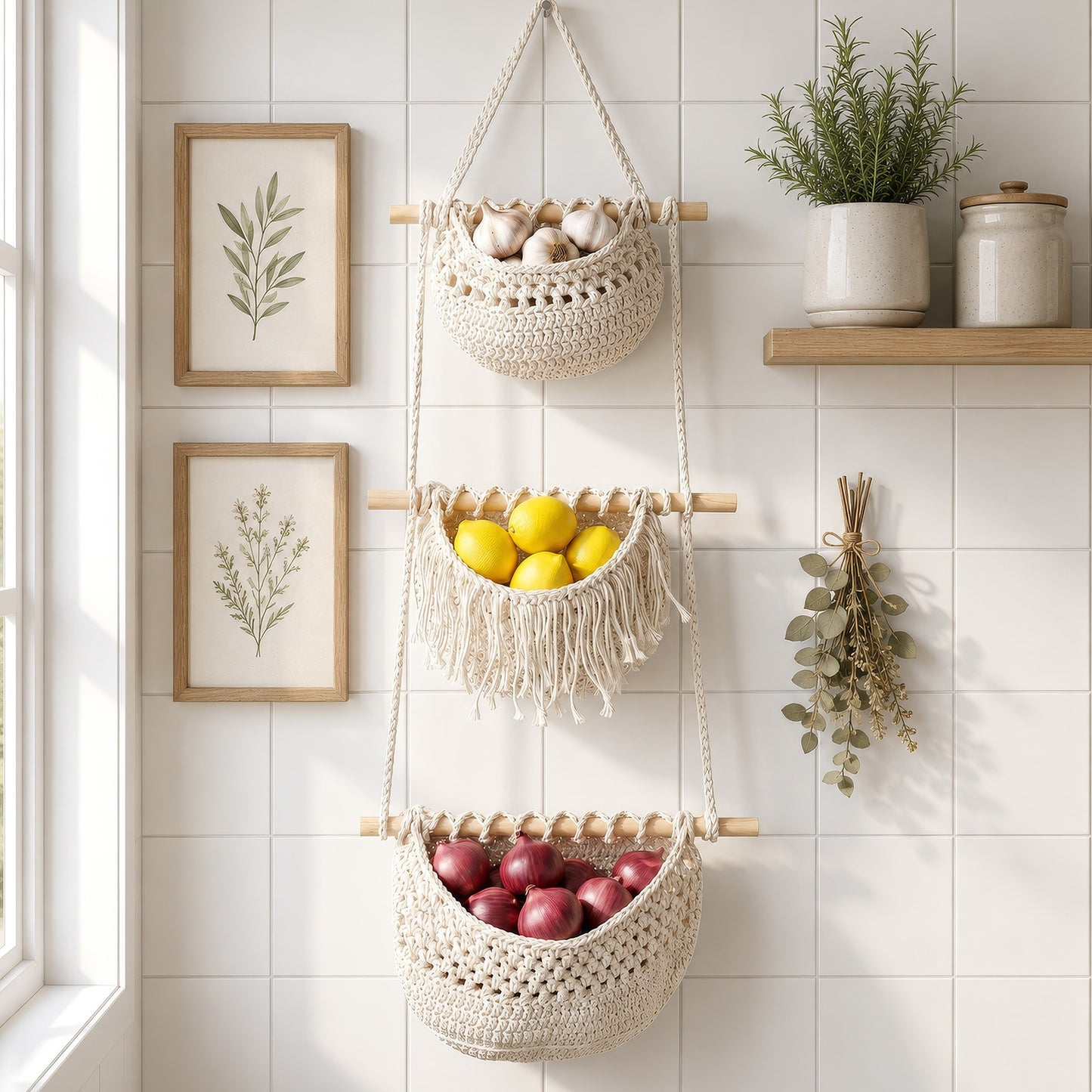 Boho Chic 3-Tier Wall Hanging Storage Basket - Handwoven Rope Organizer for Fruits, Vegetables & More - Easy Install, Versatile Home Decor, Storage Basket
