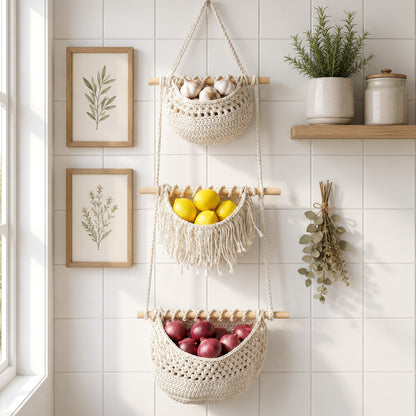 Boho Chic 3-Tier Wall Hanging Storage Basket - Handwoven Rope Organizer for Fruits, Vegetables & More - Easy Install, Versatile Home Decor, Storage Basket