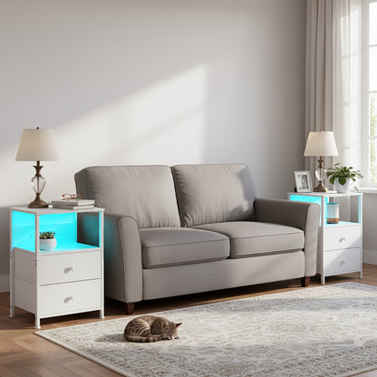 AMHANCIBLE 1/2pcs Bedside Table with 2 Fabric Drawers, End Table with LED Lighting And Charging Station, Side Table for Bedroom, Living Room, Hallway, Easy Assembly