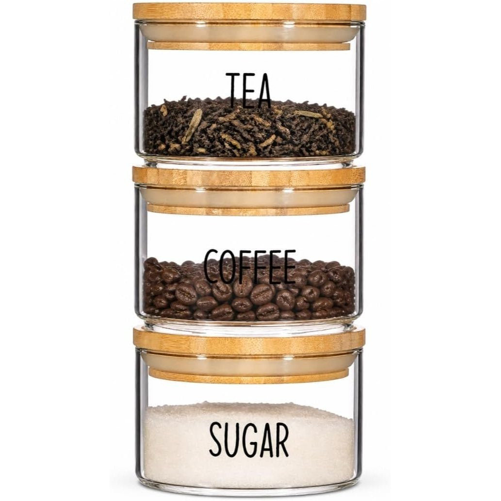 Set of 3 Stackable Glass Storage Jars with Airtight Bamboo Lids – Clear Kitchen Storage Canisters for Tea, Coffee, Sugar, Space-Saving Pantry Organiser