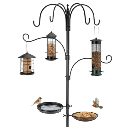 Bird Feeders Hanging Station Heavy Duty Free Standing Bird Feeding Pole with 5-Prong Ground Base 6 Hooks 2 Dishes Included for Outdoor Garden Wild Bird Feeder Stand & Shepherds Hooks