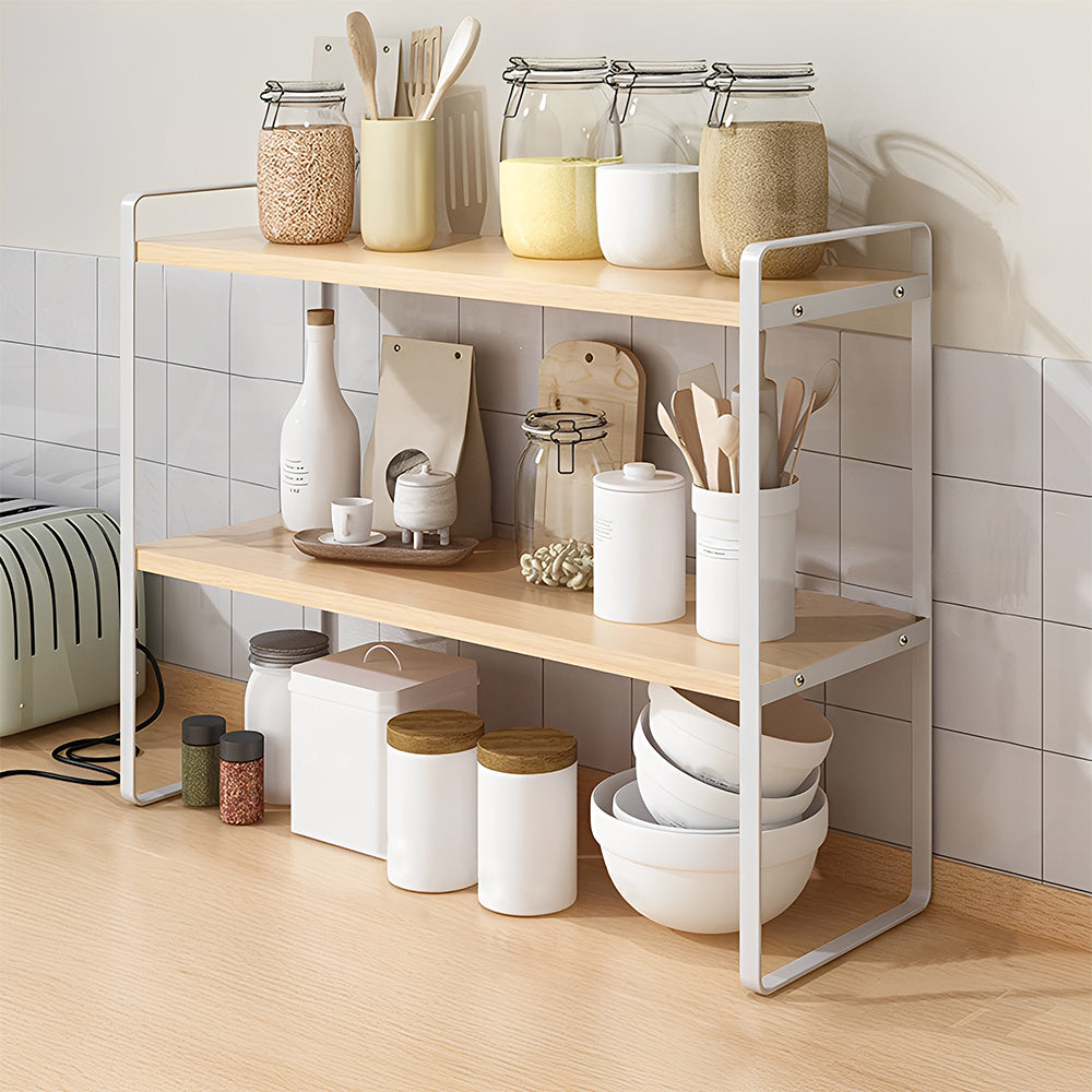 Multi-Tier Storage Rack, Mug Shelves for Desks, Black/White/Natural Wooden and Metal Countertop Organizer Shelf, Display Rack, Perfect for Dormitories Home Office Kitchen Bathroom