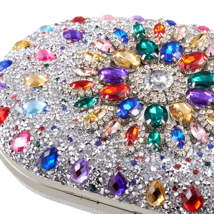 Women Evening Bag Multicolor Clutch Bag Luxury Crystal Handbag Bridal Wedding Purse Glitter Shoulder Bag with Detachable Chain Banquet Party Prom Crossbody Bag Gold-Multicolour, Green/ Gold/ Silver