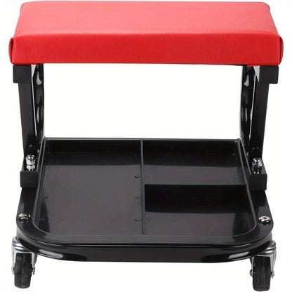 Rolling Mechanic Stool 100kg Heavy Duty Workshop Seat with Tool Tray 4 Swivel Castors High-Density Foam Pad Powder-Coated Steel Frame for Garage Workshop 37.5x36x38.5cm