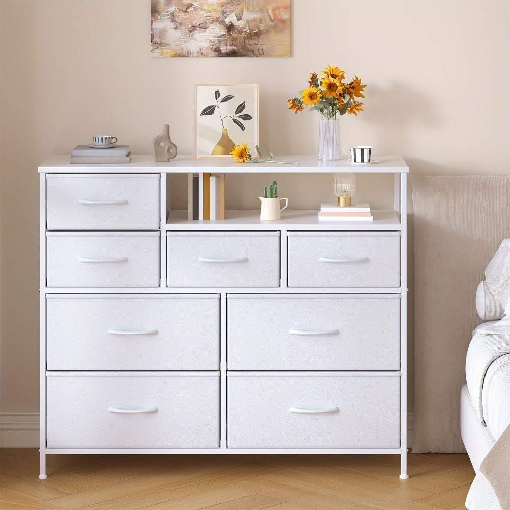8 Drawer Chest of Drawers with Fabric Fronts & Wooden Top – Large Storage Dresser Organiser Unit for Bedroom & Living Room