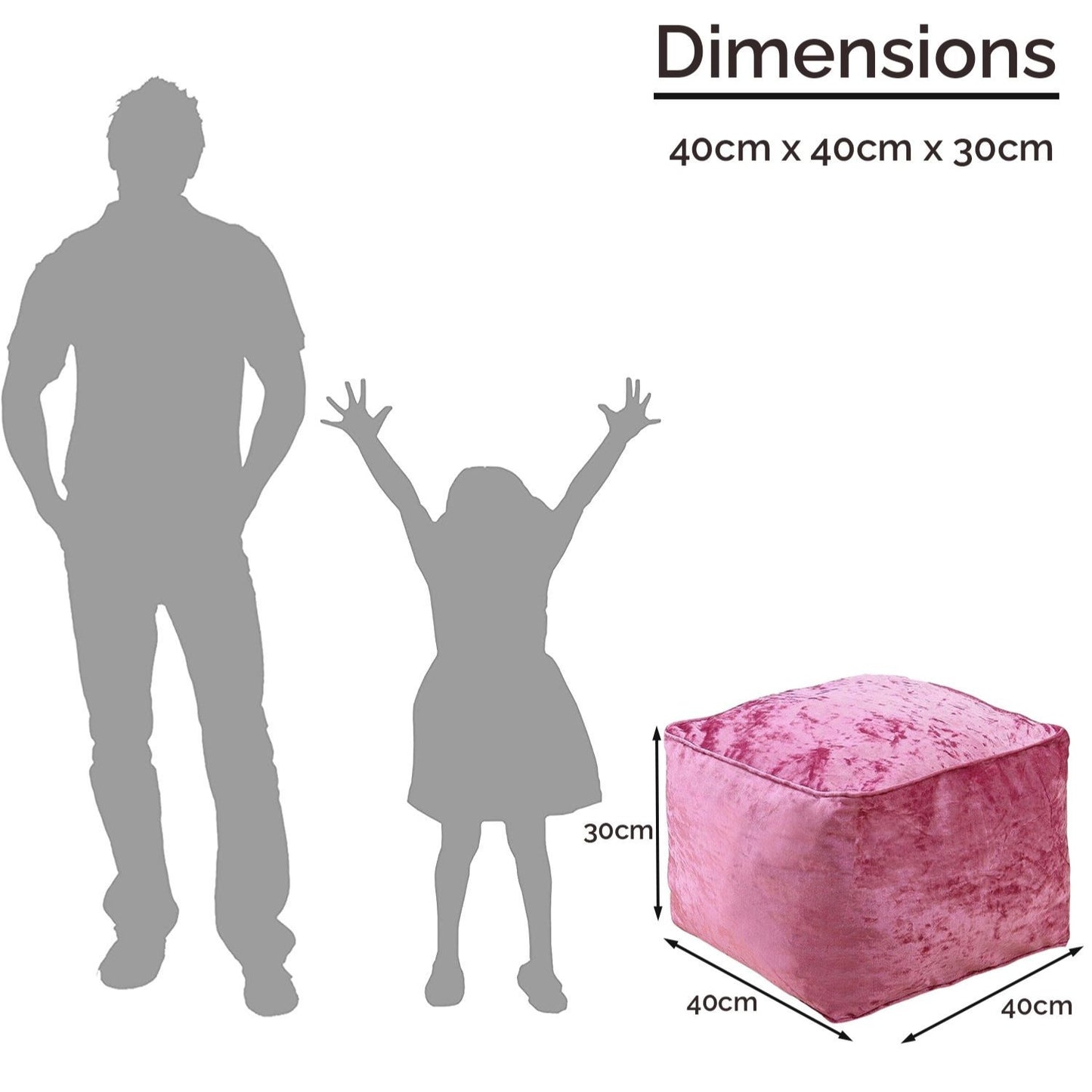 Fully Filled Velvet Bean Bag Footstool – Cube Pouffe Seat, 40×40×30cm, Soft Crush Velvet, Square Shape, Ideal as Foot Rest or Extra Seating