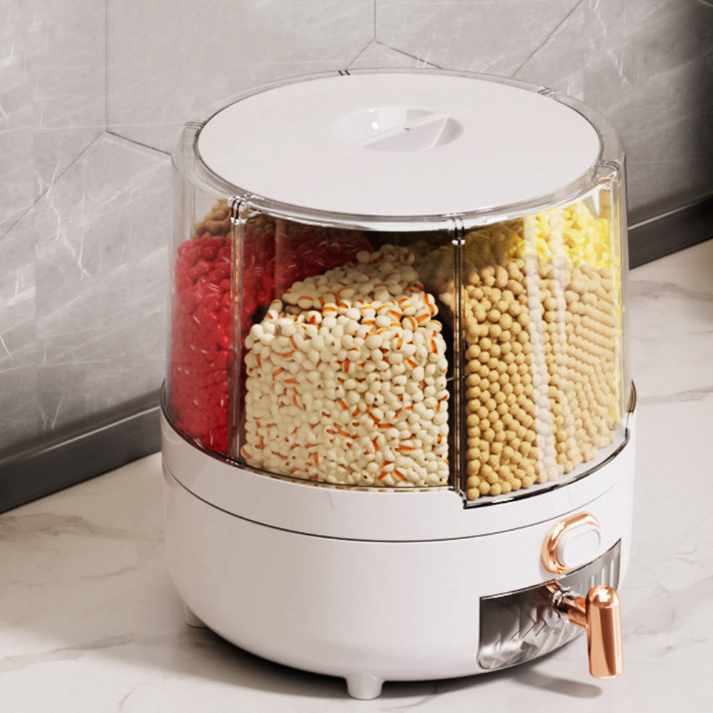 Grain Dispenser 360° Rotating Dispenser 6-Grid Rice Dispenser Food Dispenser Bucket Transparent Kitchen Organization For Countertops, White