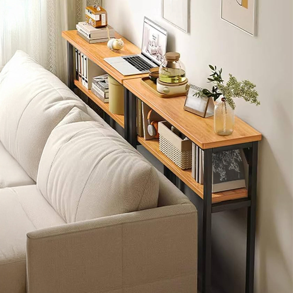 Minimalist Wooden Console Table - Slim Wall-Mounted Single/Double Tier Entryway Shelf with Carbon Steel Frame, Space-Saving Narrow Hallway Table, Bedroom/Living Room Table (80x20cm, MDF Wood + Black/White Metal)