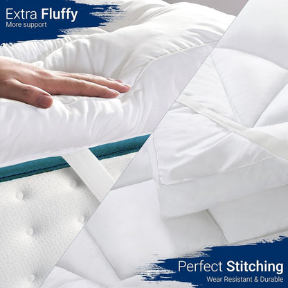 Mattress Topper, 10cm/4Inch Microfiber Overfill, Plush Soft Surface, Four-Corner Elastic Straps for Secure Fit, Anti-Shift & Even Weight Distribution, Fits Single/Double/King/Super King UK Beds
