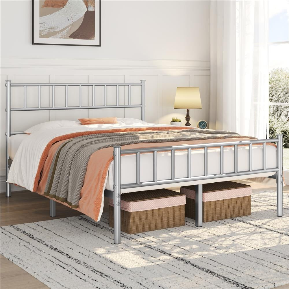 Slatted Headboard Metal Bed Frame Single & Double – 32cm Under-Bed Storage, 204kg Load, No Box Spring Needed, Easy Assembly | Black White Pink Silver