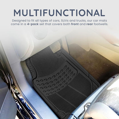 CUQOO 4pcs Universal Rubber Car Mats - Heavy Duty, Non-Slip All Weather Mats for Cars, SUVs, Trucks & Vans, Waterproof, Easy to Clean, with Deep Grooved Design for Extra Durability