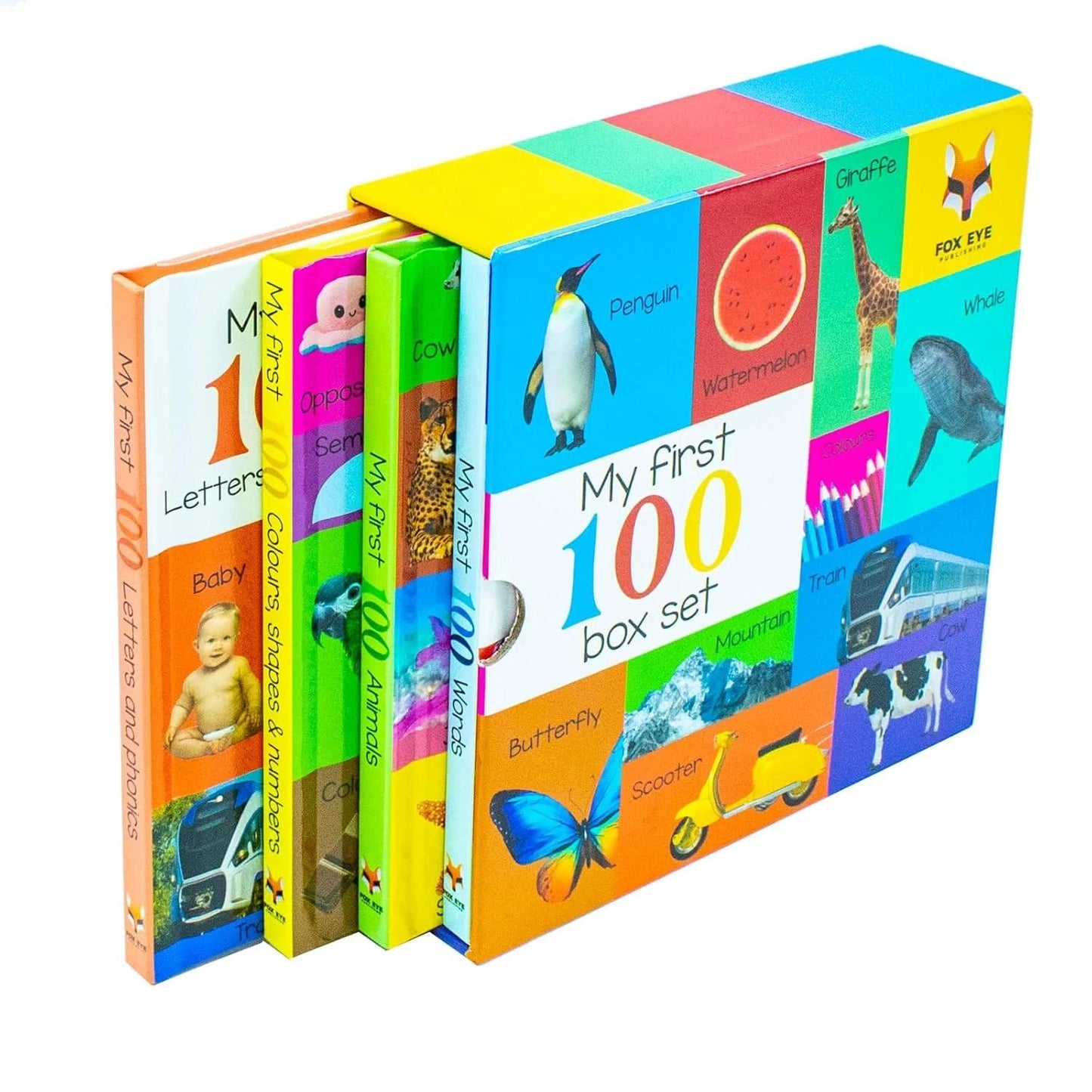 My First 100 Box set 4 books set (My first 100 words, 100 Animals, 100 Colours shapes numbers, 100 letters & phonics)