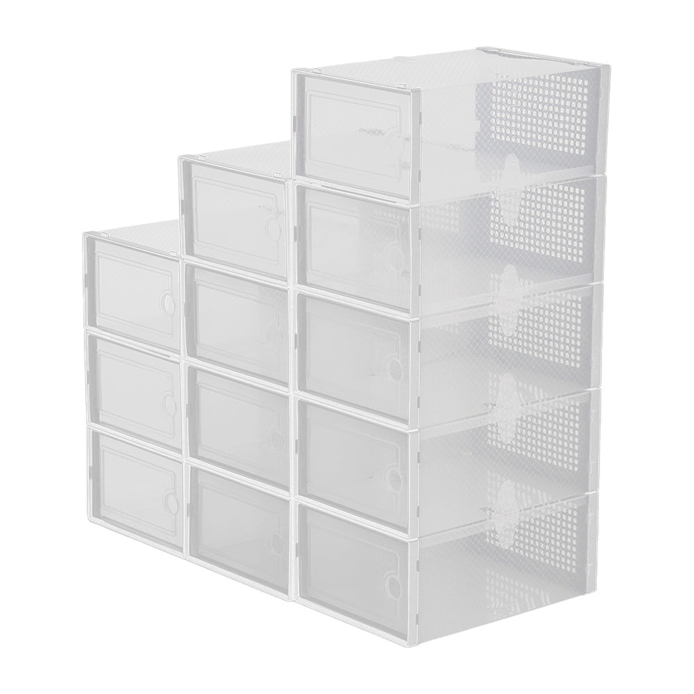 Pack of 12 Stackable Shoe Organizers Shoe Storage Boxes with Dustproof Doors, Large Shoe Boxes Transparent Foldable Shoe Storage Cabinet, Portable Space-saving Shoe Box, Under Bed Shoe Containers, Versatile Footwear Containers Holder for Entryway, Closet,