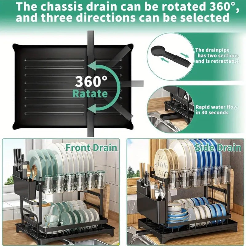 Premium 2-Tier Rustproof Dish Drying Rack with Drainboard, Cloth Sponge Drain Rack, Utensil Holder-Sturdy Kitchen Counter Organizer, Space-saving Storage Solution