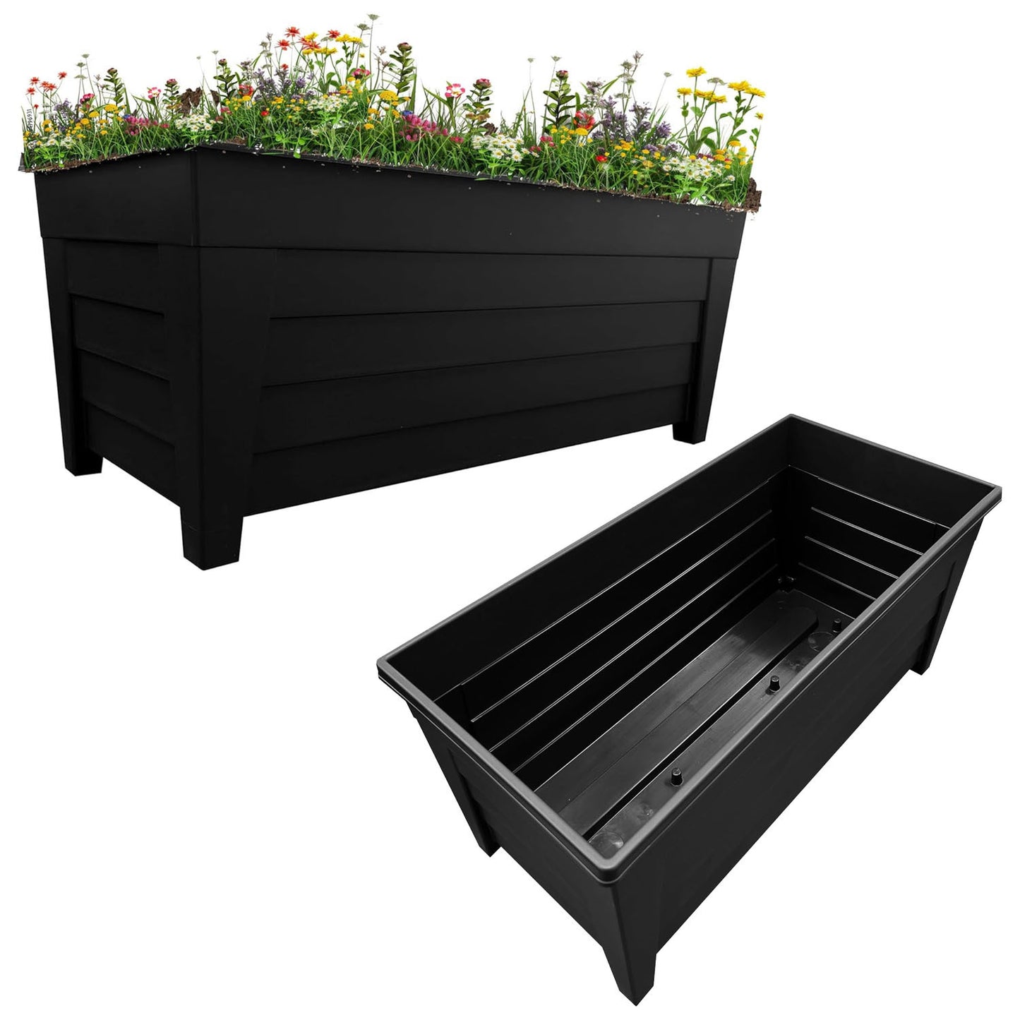 Set Of 4 Black Grosvenor Trough Planters Lightweight Perfect For Displaying Flowers Ideal For Home & Garden Use