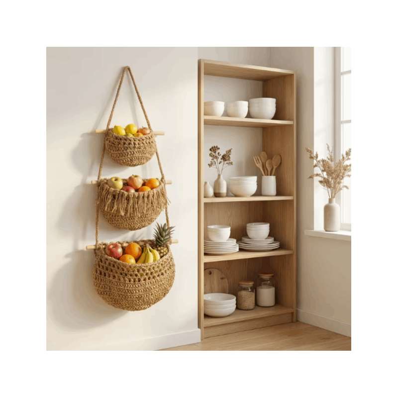 Boho Chic 3-Tier Wall Hanging Storage Basket - Handwoven Rope Organizer for Fruits, Vegetables & More - Easy Install, Versatile Home Decor, Storage Basket