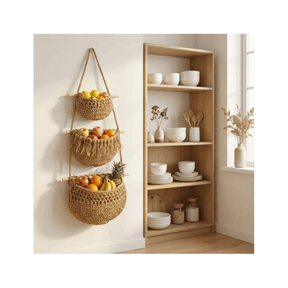 Boho Chic 3-Tier Wall Hanging Storage Basket - Handwoven Rope Organizer for Fruits, Vegetables & More - Easy Install, Versatile Home Decor, Storage Basket
