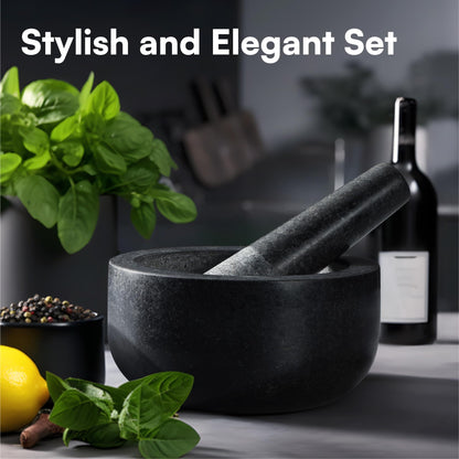 H&S Pestle and Mortar Set Premium Solid Granite Stone Large Black - 16cm (6.3in) Diameter