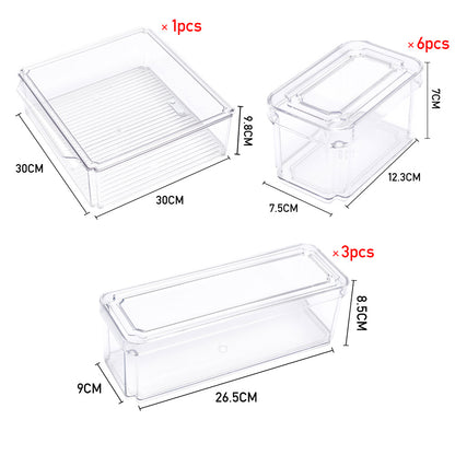 10pcs Stackable Kitchen Storage Box Set, Fruit Vegetable Snack Fresh-Keeping Containers with Lids, Transparent Plastic Organizer Boxes (Large: 30*30*9.8cm, Medium: 26.5*9*8.5cm, Small: 12.3*7.5*7cm)