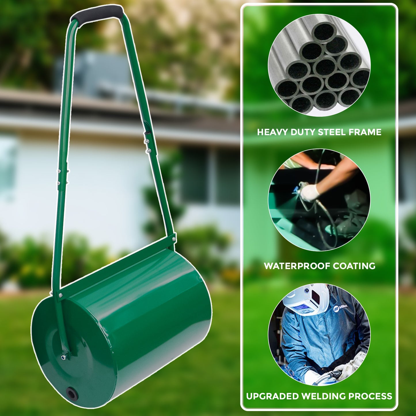Heavy Duty Garden Grass Lawn Roller - Large Water or Sand Filled Drum, Galvanized Steel Construction, Scraper Bar & Collapsible Handle for Levelling Uneven Ground - Green