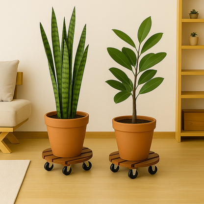 2 Pack Wooden Plant Caddy with Wheels 30cm Round Rolling Plant Stand with Metal Lockable Caster Wheels Heavy Duty Mobile Plant Holder Plant Dolly for Indoor Outdoor Garden Decor