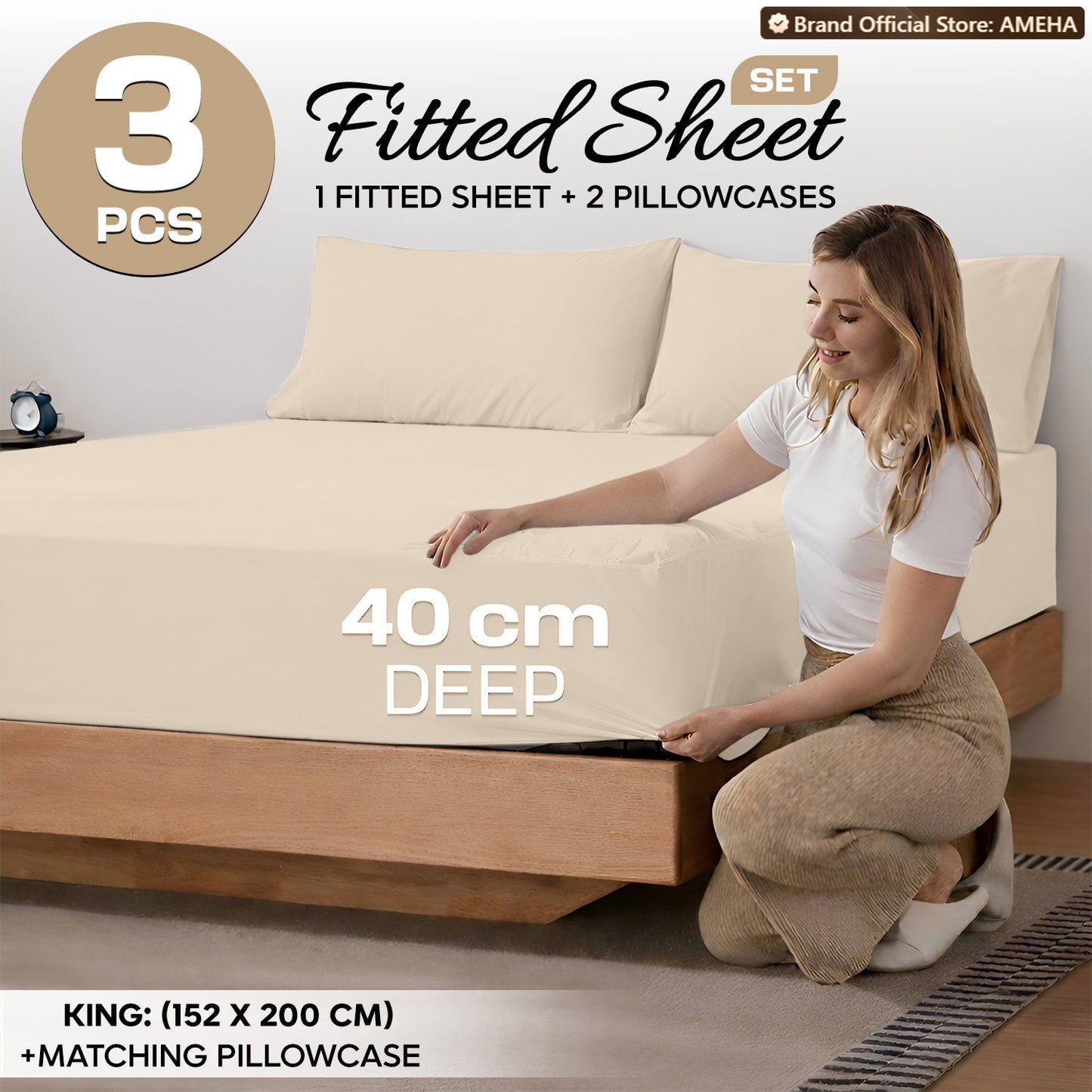 3pcs 40cm Extra Deep Fitted Sheet – Solid Color Soft & Comfortable Bed Sheet with 2pcs Matching Pillowcases, Breathable Fabric Soft Brushed Microfiber Bedding, Machine Washable for Home Bedroom, Hotel