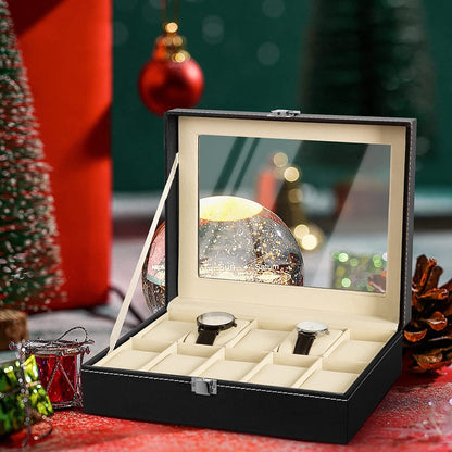 Uten Watch Box 10 Slots, Watch Case with Glass Lid, Watch Display Storage Box for Men and Women, Removable Watch Pillows, PU leather