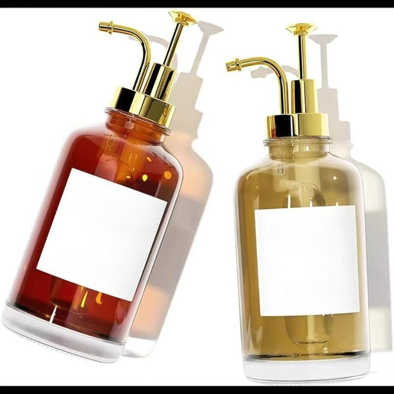 Glass Coffee Syrup Dispenser, Press-Type Liquid Dispenser 2pcs Set, Glass Honey Pot Honey Jar Shampoo and Conditioner Dispenser, 500ml, Gold