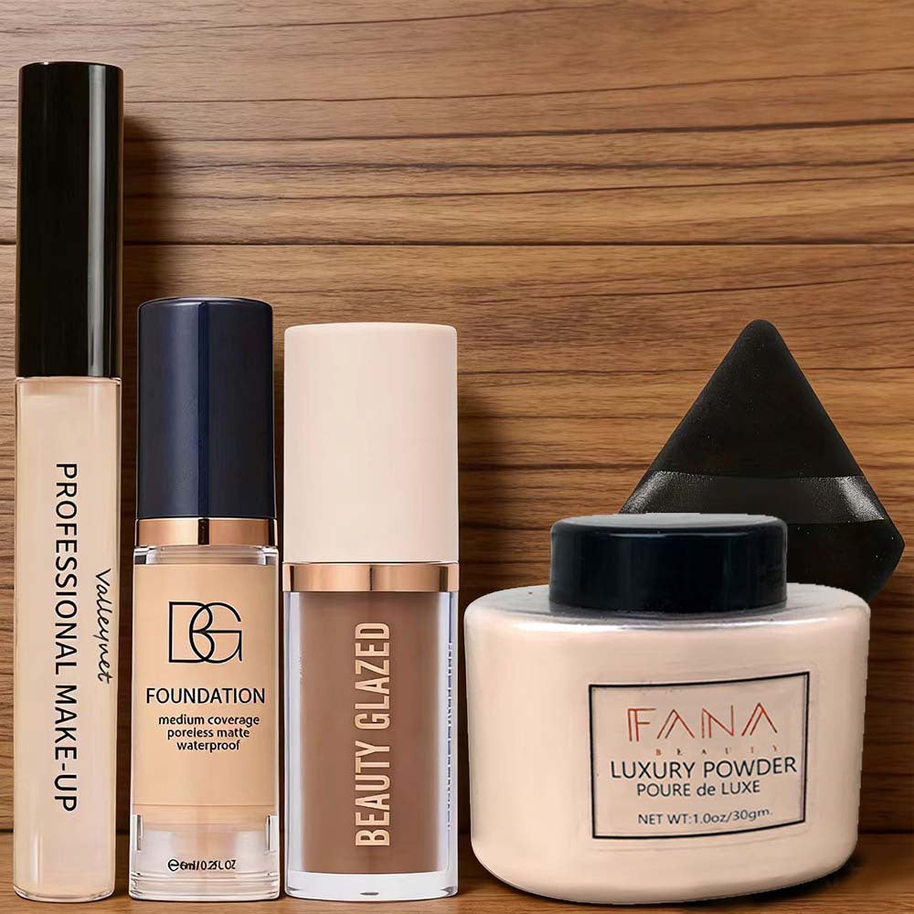 [Face Base Kit] 5pcs/Set Complete Face Base Kit - High-Coverage Concealer, Lightweight Liquid Foundation, 3D Contouring Cream, Oil-Control Loose Powder And Soft Puff - Long-Lasting Matte Flawless End Set