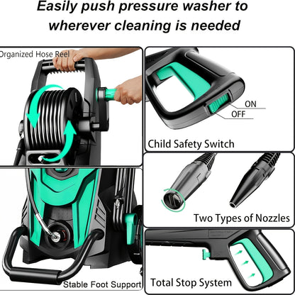 Pressure Washers with Hose Reel, Foam Cannon And Adjustable Nozzles, Jet Washer for Cars, Fences, Patios And Driveway, Fence, Patio, Driveway, Pressure Washer with Hose Reelpatio Cleaner, Driveway Cleaner