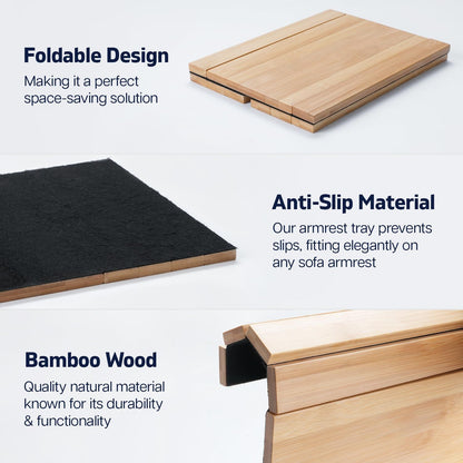 Sofa Arm Tray | Foldable Bamboo Wood Sofa Armrest Tray | Couch Arm Tray Organiser for Snacks, Drinks, Mobile & Remote | Wooden Sofa Arm Table Tray with Non-Slip Backing