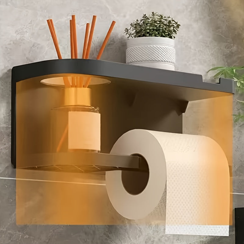 Wall-Mounted Toilet Paper Holder With Storage Shelf, No Drill Adhesive Installation, Bathroom Organizer - Space-Saving Tissue Roll Dispenser For Home Or Hotel Use