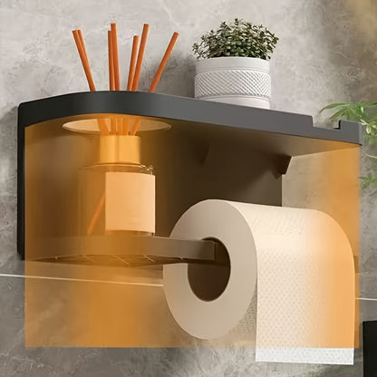 Wall-Mounted Toilet Paper Holder With Storage Shelf, No Drill Adhesive Installation, Bathroom Organizer - Space-Saving Tissue Roll Dispenser For Home Or Hotel Use
