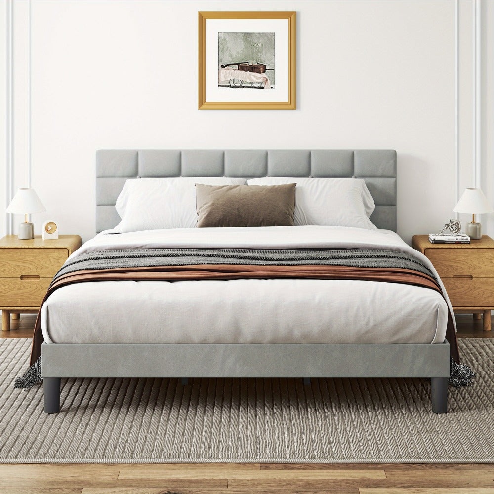 Velvet Bed Frame with Headboard & Wooden Slats | No Box Spring | No Pillow Gap | 30-Min Tool-Free Assembly | Single Double King Super King | Light Grey Platform Bed