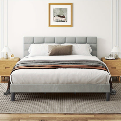 Velvet Bed Frame with Headboard & Wooden Slats | No Box Spring | No Pillow Gap | 30-Min Tool-Free Assembly | Single Double King Super King | Light Grey Platform Bed