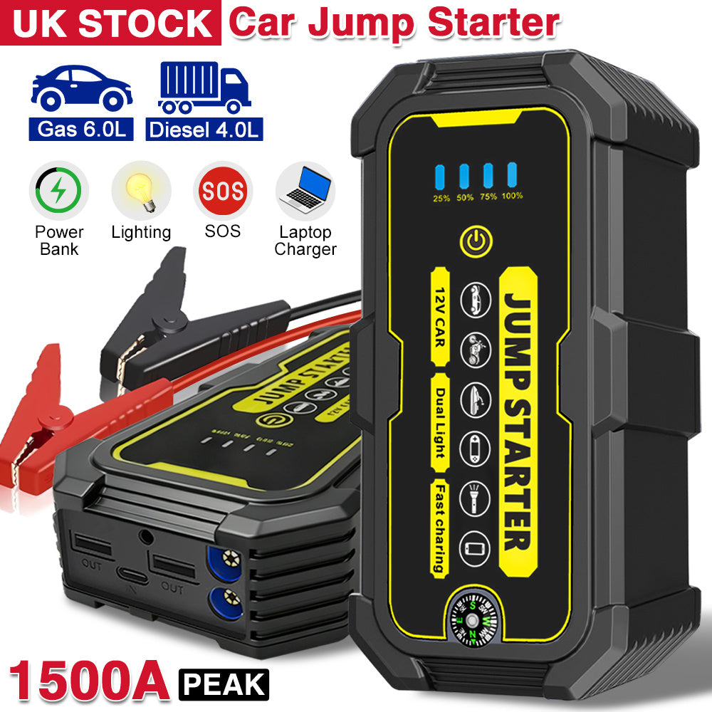 12V Car Jump Starter Car Battery Starter Kit 1500A Peak Portable Car Battery Booster Jump Starter, Portable Jump Starters for 6.0L Gasoline/4.0L Diesel Engines, LED Flashlight, LCD Display, 3 Modes LED Flashlight, Quick Charge USB-C, Lithium Battery-Polym