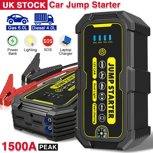 12V Car Jump Starter Car Battery Starter Kit 1500A Peak Portable Car Battery Booster Jump Starter, Portable Jump Starters for 6.0L Gasoline/4.0L Diesel Engines, LED Flashlight, LCD Display, 3 Modes LED Flashlight, Quick Charge USB-C, Lithium Battery-Polym