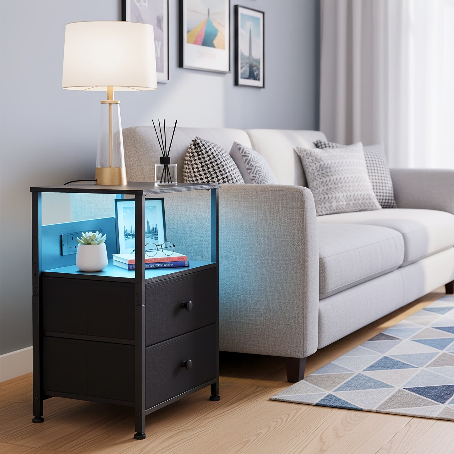 AMHANCIBLE 1/2pcs Bedside Table with 2 Fabric Drawers, End Table with LED Lighting And Charging Station, Side Table for Bedroom, Living Room, Hallway, Easy Assembly