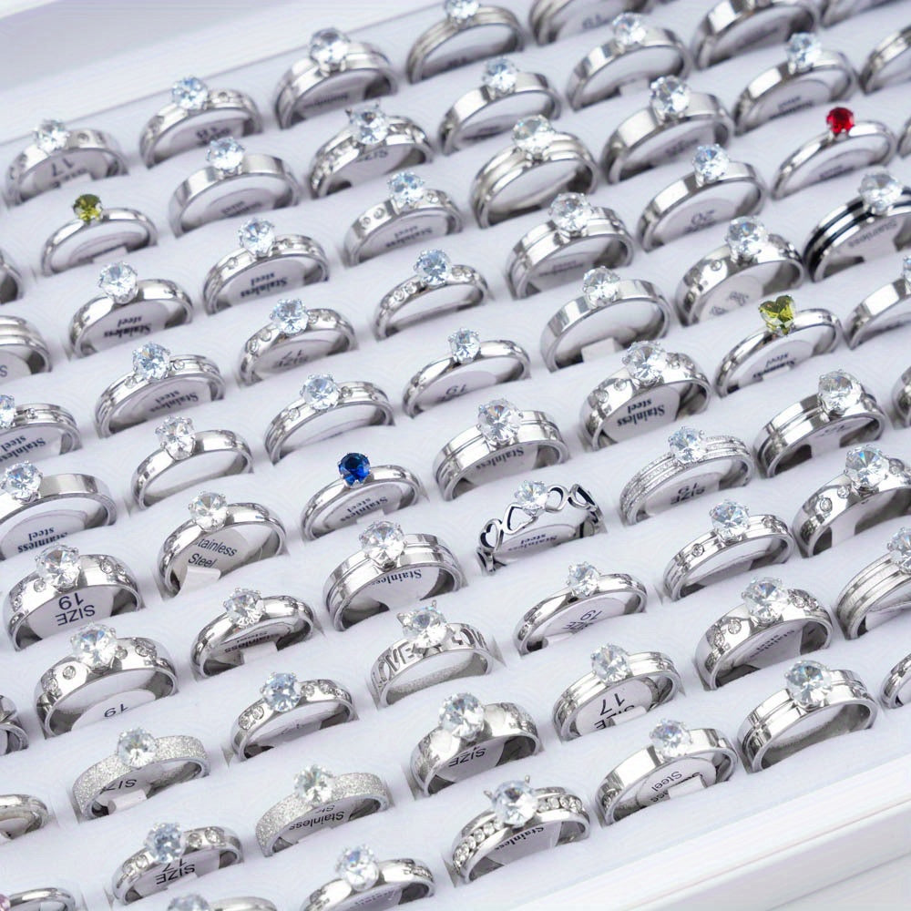 20 Fashionable Classic Rhinestone Stainless Steel Rings for Women and Men, Simple Shiny Colorful Finger Jewelry, Wedding Party Gift