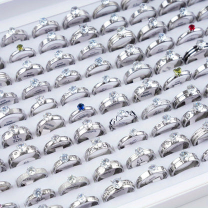 20 Fashionable Classic Rhinestone Stainless Steel Rings for Women and Men, Simple Shiny Colorful Finger Jewelry, Wedding Party Gift