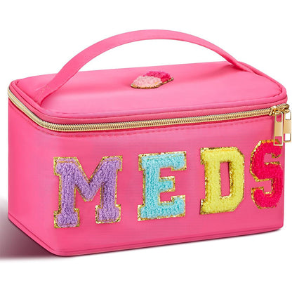 Women'S Large Capacity Makeup & Medication Organizer Bag with MEDS Lettering & Glittery Accent - Portable Travel Toiletry Case, Spacious Multi-Compartment Storage for Medication, Cosmetics, Jewelry & Accessories, Durable Fabric-like Material (Pink/Black/T