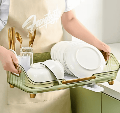 1pc Dish Drying Rack with Handle & Drainboard - Space-Saving Compact Design with Utensil Holder, Durable Plastic Construction, Easy to Clean & Move - Over Sink or Countertop Use for Small Kitchens, Apartments, RVs - Modern White & Golden Kitchen Organizer