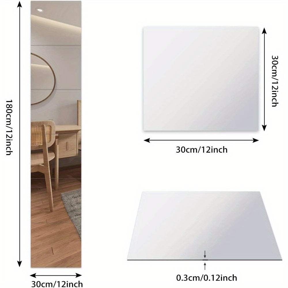 6Pcs / 12Pcs Thick Square Glass Mirror Wall Stickers Background Wall Decoration, Suitable for Bedroom, Living Room, Office, Kitchen, Bathroom, Entrance, Dance Studio, Gym, Shatterproof Removable Self-Adhesive Wall Sticker Acrylic Mirror, Wall-Mounted Make