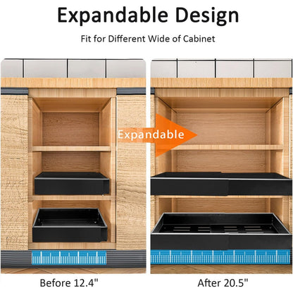 Pull Out Cabinet Organizer, Adjustable Expandable Slide Out Drawer, Roll-Out Sliding Drawer Organiser Shelf for Kitchen & Bathroom Storage,Easy Installation with Adhesive Film