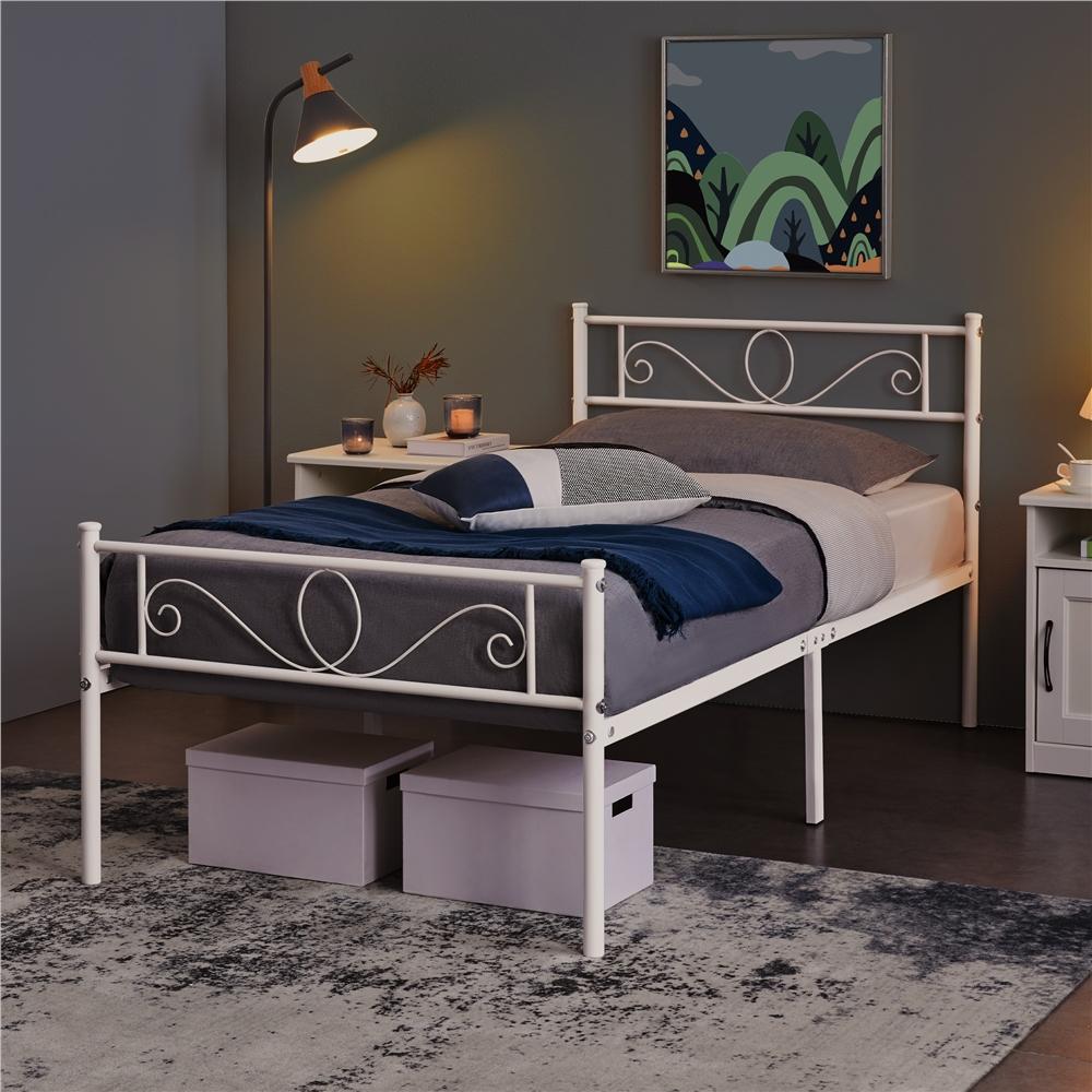 Costoffs Metal Platform Bed, Metal Bed Base, Metal Bed Frame with Scroll Design Headboard and Footboard, Mattress Foundation, Easy Assembly Bed, Bedroom Furniture, Metal-Framed Bed Base with Storage, Black/White/Pink
