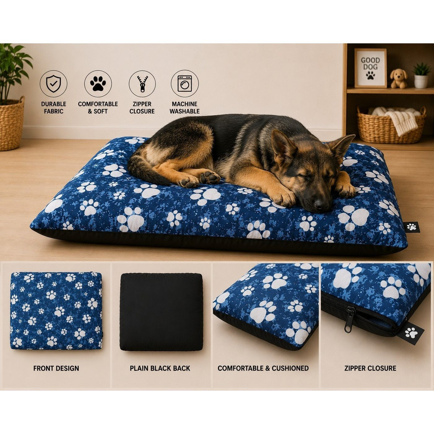 Dog Pet Bed with Removable Zipped Cover Large 95cm x 65cm Soft Washable Cushion