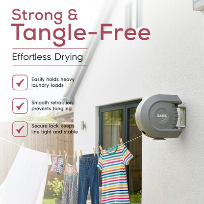 Quebec 15m Retractable Washing Line – Heavy Duty Wall Mounted Clothesline with Durable PVC Cover – Space-Saving Outdoor Laundry Drying Solution for Garden, Patio, and Balcony