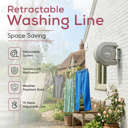 Quebec 15m Retractable Washing Line – Heavy Duty Wall Mounted Clothesline with Durable PVC Cover – Space-Saving Outdoor Laundry Drying Solution for Garden, Patio, and Balcony
